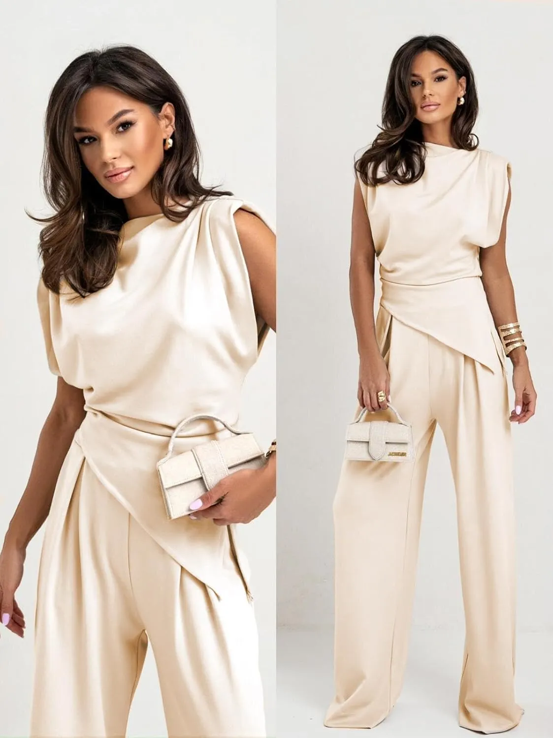 Women's Summer Pants Suits Dressy Casual Irregual Jumpsuits Two Piece Outfits Sleeveless Wide Leg Rompers