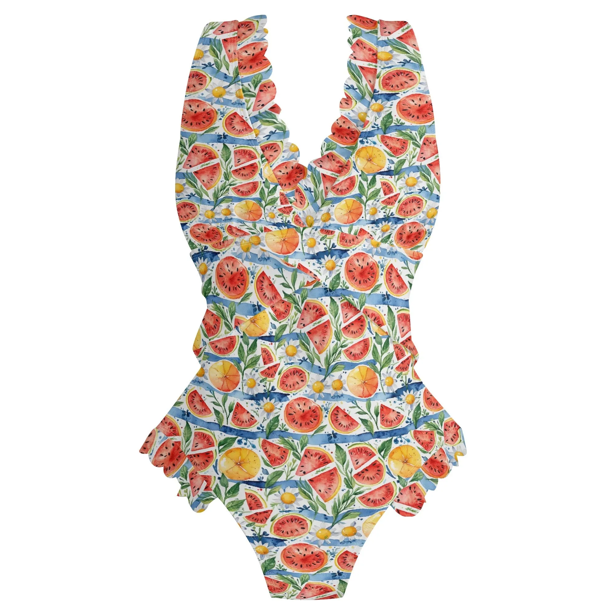 Womens Watermelon Ruffle Edge Cross-Front One Piece Swimsuit Bathing Suit
