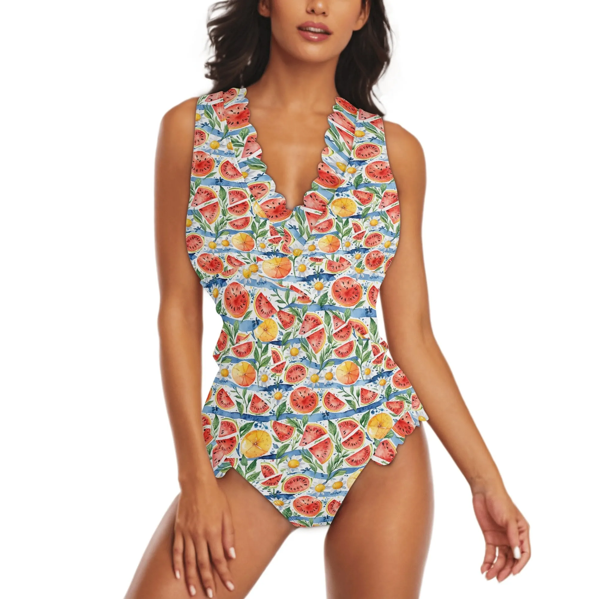 Womens Watermelon Ruffle Edge Cross-Front One Piece Swimsuit Bathing Suit