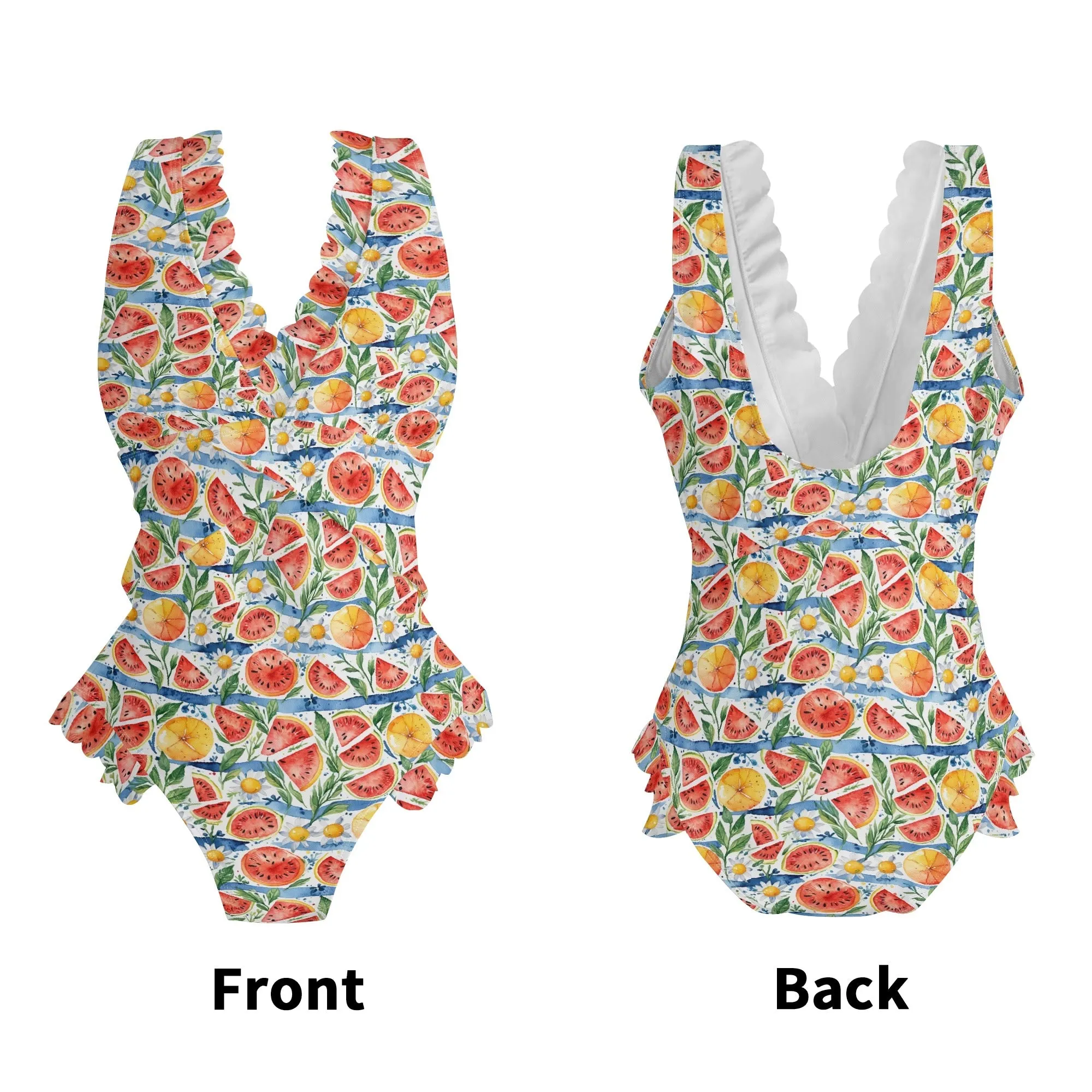 Womens Watermelon Ruffle Edge Cross-Front One Piece Swimsuit Bathing Suit