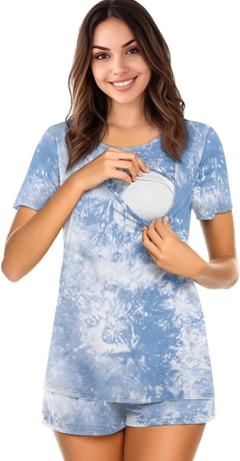 Xoenoiee Womens Maternity Nursing Pajamas Set, Short Sleeve Breastfeeding Shirts, Pregnancy Shorts 2 Piece Nursing PJS