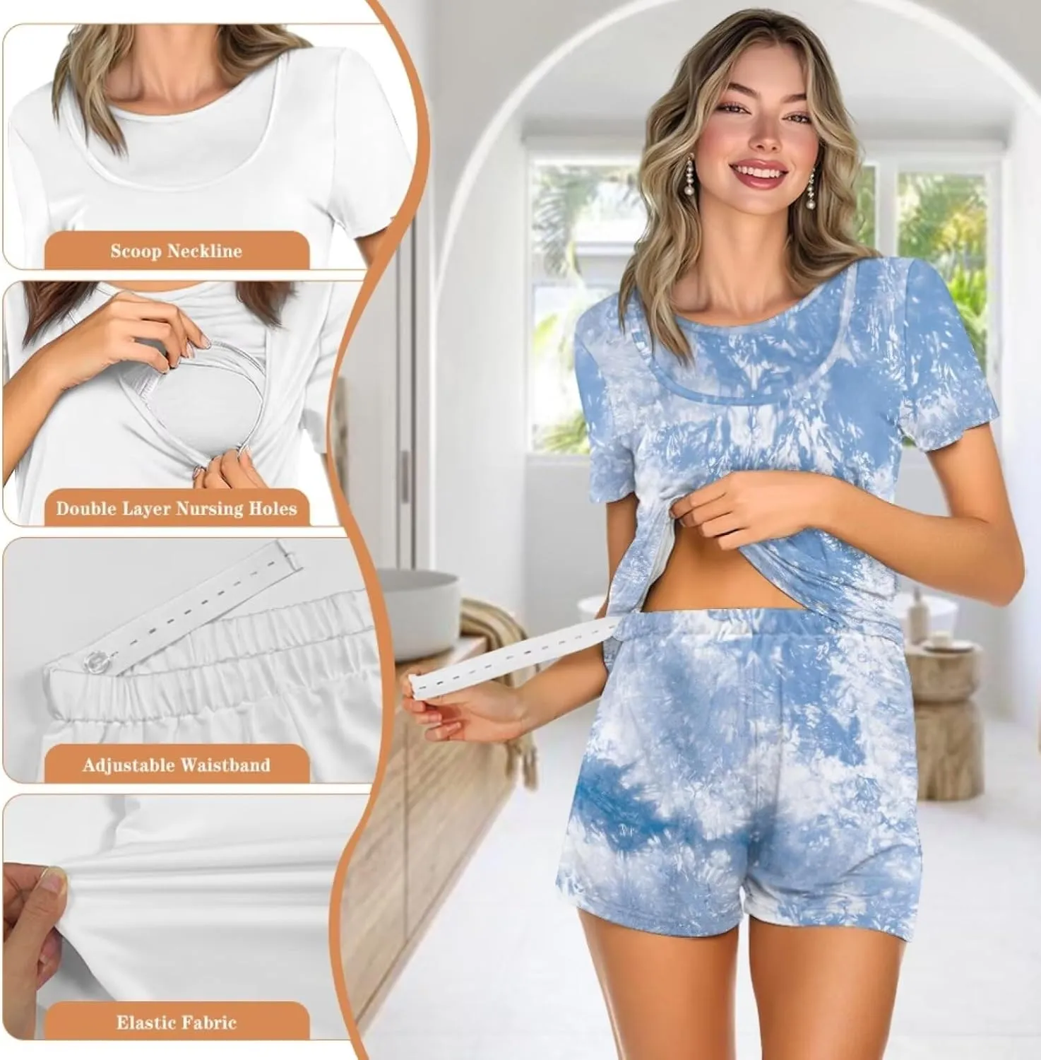 Xoenoiee Womens Maternity Nursing Pajamas Set, Short Sleeve Breastfeeding Shirts, Pregnancy Shorts 2 Piece Nursing PJS