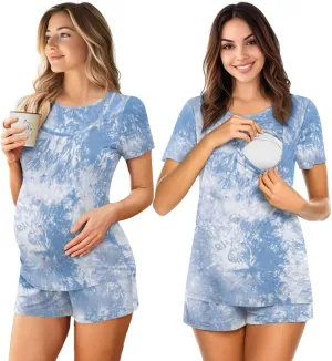 Xoenoiee Womens Maternity Nursing Pajamas Set, Short Sleeve Breastfeeding Shirts, Pregnancy Shorts 2 Piece Nursing PJS